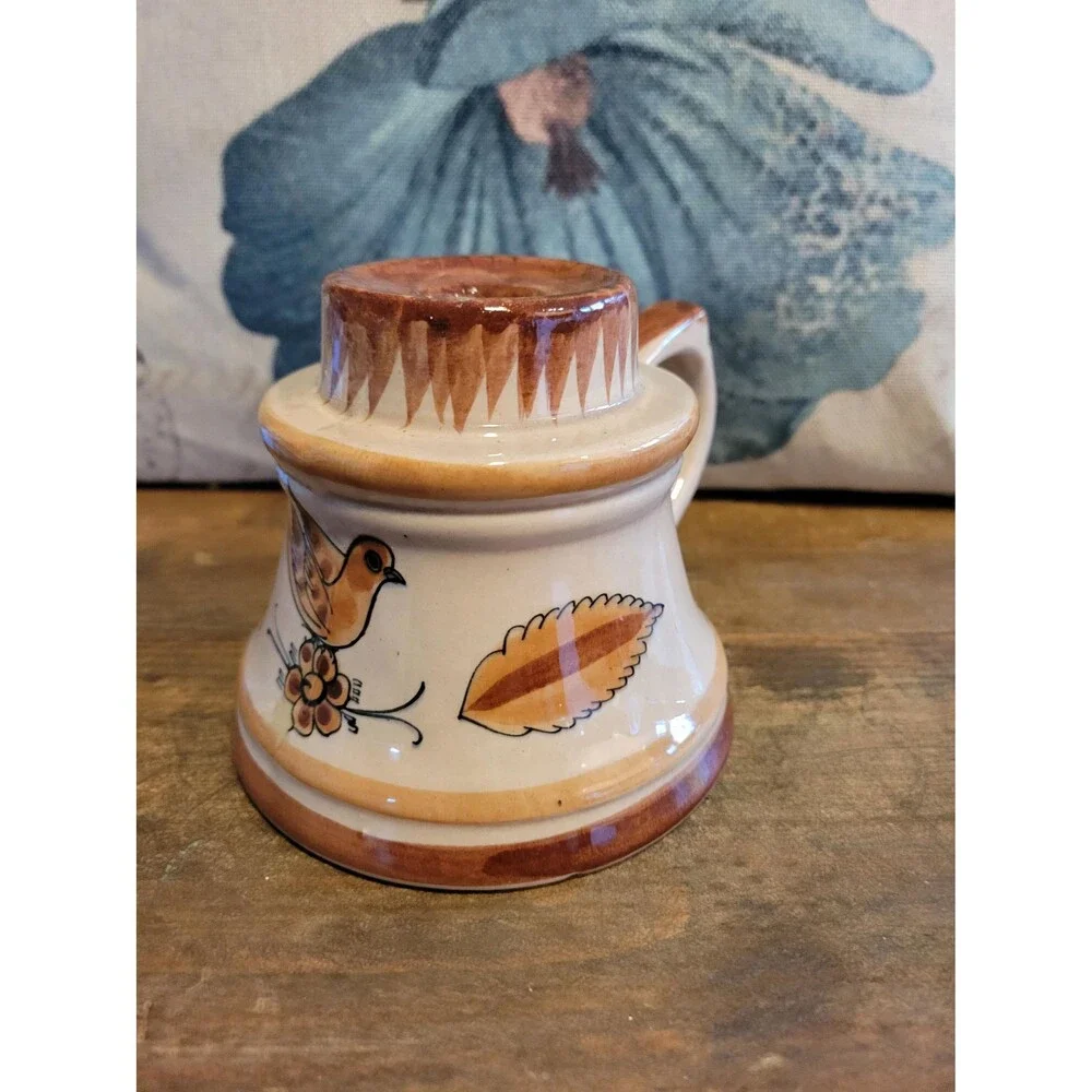Pottery Candlestick Holder with Pretty Bird - Made in Mexico, Signed - 1980s